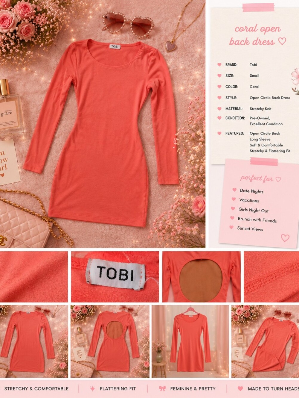 Tobi Coral Long Sleeve Open-Back Knit Dress
